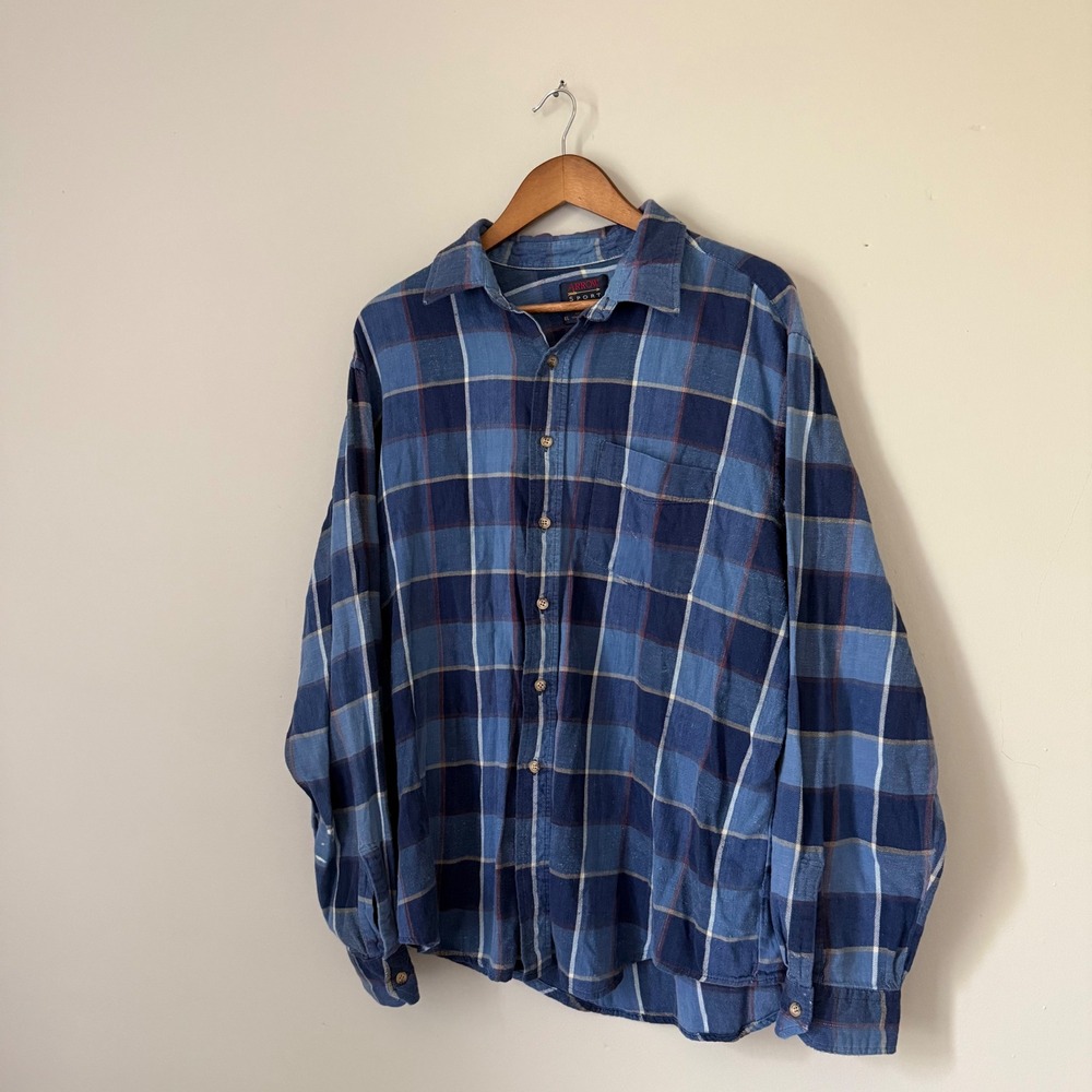 Vintage Arrow Sport Blue Plaid Flannel 100% cotton Button Down Shirt Size XL